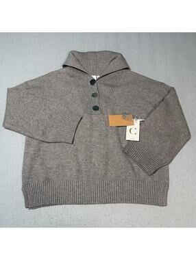 Cyrus Women’s Sweater Small Taupe Button Neck Rib Knit Pullover NWT Cozy